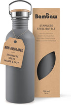 Bambaw Stainless Steel Water Bottle, 750 ml, Grey Sports Bottle, Non-Insulated Water Bottle, Reusable Water Bottle, 750 ml, BPA-Free Flask – Charcoal Grey
