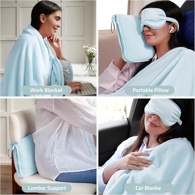 Travel Blanket, 3-in-1 Ultra-Soft, Warm & Lightweight Travel Blanket Airplane with Bag, 65x40 in, Airplane Travel Essentials for Women, Men & Kids with Eye Mask, Luggage Sleeve & Backpack Clip