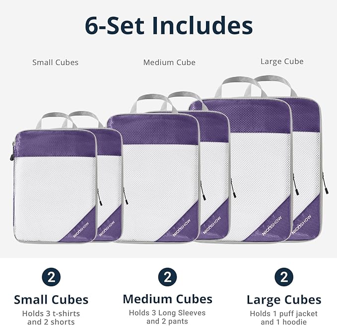 Compression Packing Cubes 6 Set, Compressible Space-Saving Packing Cubes for Travel - Compression Bags, Luggage Organizer, Travel Essentials for Women, Purple
