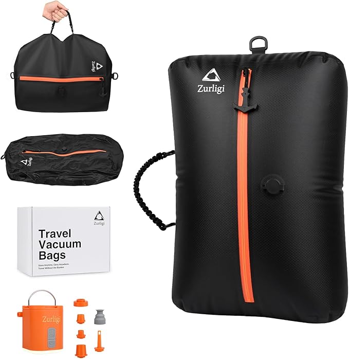 Zurligi Vacuum Compression Bags with Pump for Travel - Waterproof, Reusable, Removable Handle, Portable Travel Pack Vacuum Bag Kit for Carry On Suitcases and Backpack