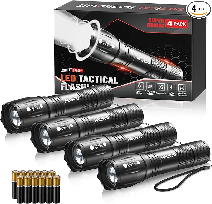LED Flashlights High Lumens 4 Pack, Powerful Tactical Flashlight With 3 Modes, Pocket Small Flash Light, Waterproof Zoomable Flashlights for Home Emergencies, Camping Essentials (Battery Included)