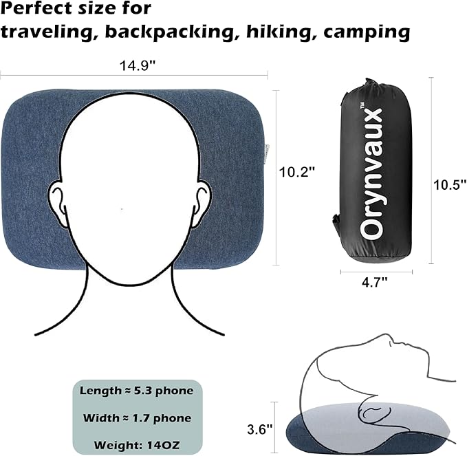 Memory Foam Camping Pillow - Lightweight & Portable Small Travel Pillow for Airplane & Train Travel, Camping, Backpacking, Removable Washable Cover, Easy to Clean, Includes Storage Bag