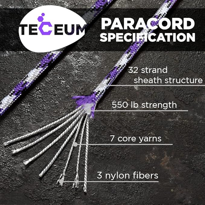 TECEUM 5/32" Paracord Rope 1000 – 1000ft / 200ft / 100ft / 50ft – Tactical Parachute Cord 4mm – 45+ Colors – Nylon String for Survival & Camping Gear – Stripe Cord for Survival – Utility Rope