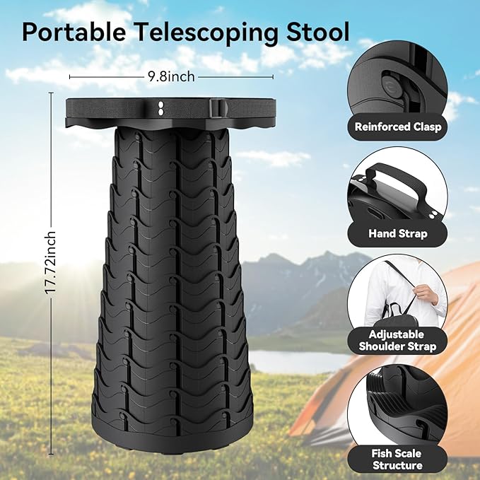 2025 Upgraded Portable Folding Stool, Collapsible Stool, Telescoping Camping Stool with Max Load Capacity 485lbs, Square Retractable Seat for Camping Gardening Fishing Hiking BBQ[Black]