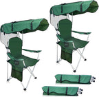 Portable Camping Chair with Canopy Shade- Folding Camping Lounge Chair with Cup Holder & Side Pocket for Outdoor Camping, Fishing, Beach - Support 330 LBS (GREEN-2PK)