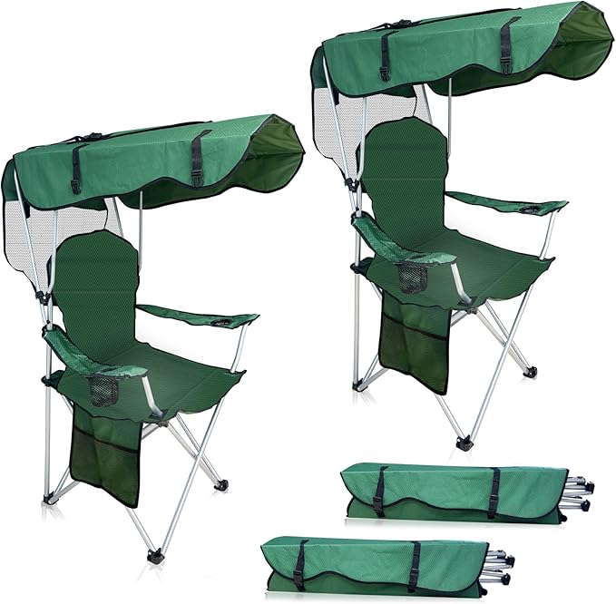 Portable Camping Chair with Canopy Shade- Folding Camping Lounge Chair with Cup Holder & Side Pocket for Outdoor Camping, Fishing, Beach - Support 330 LBS (GREEN-2PK)