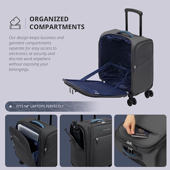 Verage Underseat Carry On Luggage with Wheels & USB Port,14 inch Wheeled Spinner Bag Carry-on Luggages for Airlines, Lightweight Suitcase Men Women, Pilots and Crew (14.5-Inch Plus Underseat Pro)