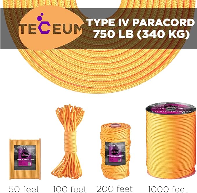 TECEUM 5/32" Paracord Rope 1000 – 1000ft / 200ft / 100ft / 50ft – Tactical Parachute Cord 4mm – 45+ Colors – Nylon String for Survival & Camping Gear – Stripe Cord for Survival – Utility Rope
