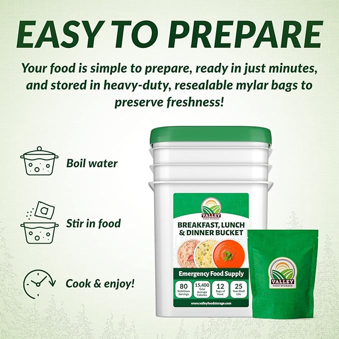 80 Serving Breakfast, Lunch & Dinner Bucket | Premium Emergency Food Supply | Survival Food 25 Year Shelf Life | Camping Food, Backpacking Meals, Prepper Supplies | Valley Food Storage Packaged in USA