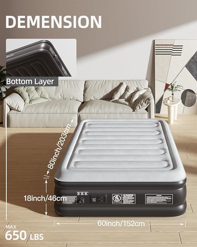 CHILLSUN 2025 Upgraded Queen Air Mattress with Built in Pump, 3 Mins Quick Self-Inflation Blow Up Mattress, 18" Luxury Flocked Top Inflatable Mattress, Airbed for Camping Guests and Home