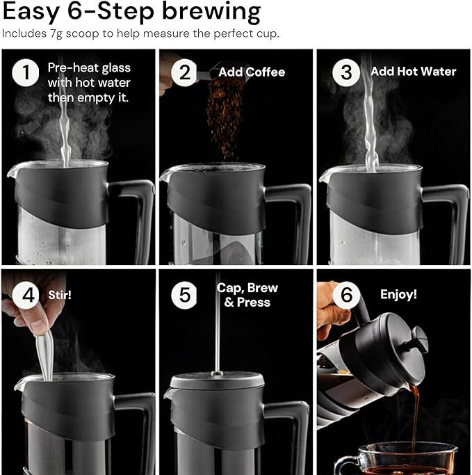 OVENTE French Press Coffee Maker 34 Ounce with Heat Resistant Borosilicate Glass & Stainless Steel 4-Level Filtration System, Portable Cold Brew Coffee Maker for Travel, Camping or Gift, Black FPW34B