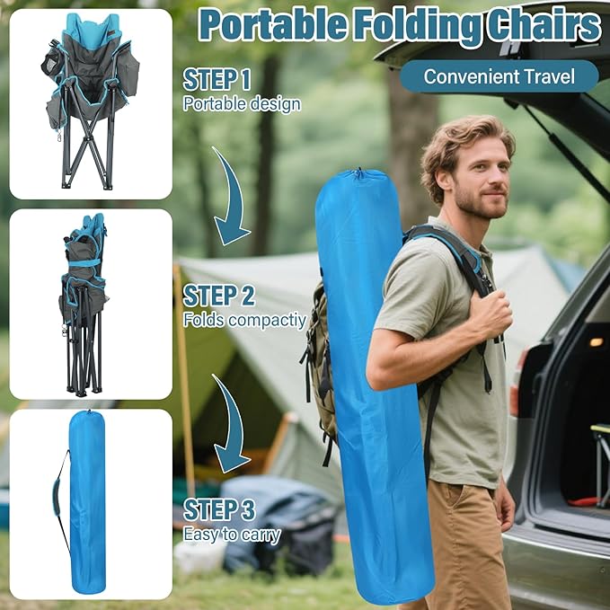 Oversized High-Back Camping Chairs with Pillow, Dual Cup Holders & Cooler Bag - Heavy Duty Foldable Outdoor Chair for Adults, Picnic, Fishing, Backyard, Sports（Bluegrey）