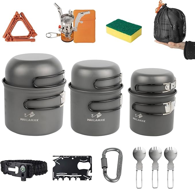 Camping Cookware Mess Kit, 17 pcs Backpacking Cooking Gear, Lightweight Camping Pots and Stove Set for 3 Person, Outdoor Cooking Gear Ideal for Camping, Hiking, Backpacking and Picnic