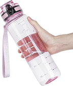 OLDLEY 32 oz Water Bottle, Motivational Water Bottle with Time Marker, Sports Water Bottle With Strap, Leakproof & BPA Free Large Water Bottles for School, Gym, Travel, Tritan, Transparent Pink