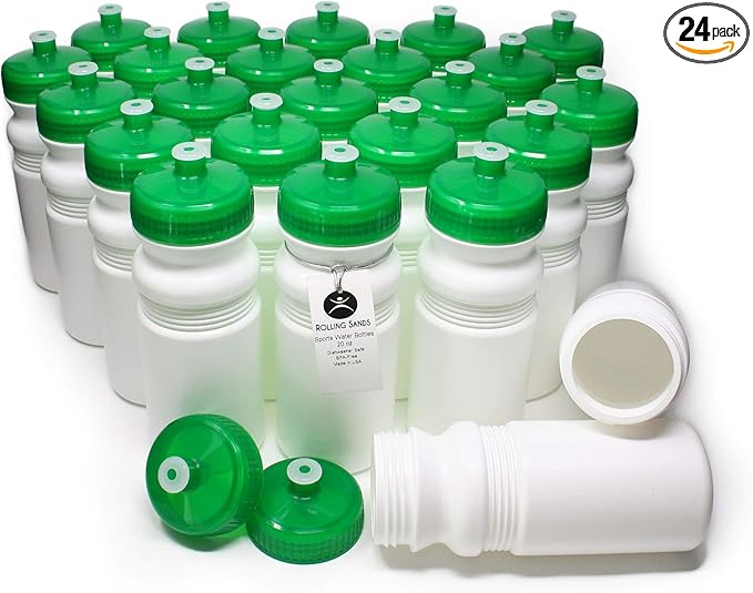 Rolling Sands USA Made 20 Ounce Sports Water Bottles - 24-Pack Bulk BPA-Free Blank Sports Bottles for Teams & Classrooms - White Bottle/Green Lid, No Smell No Taste