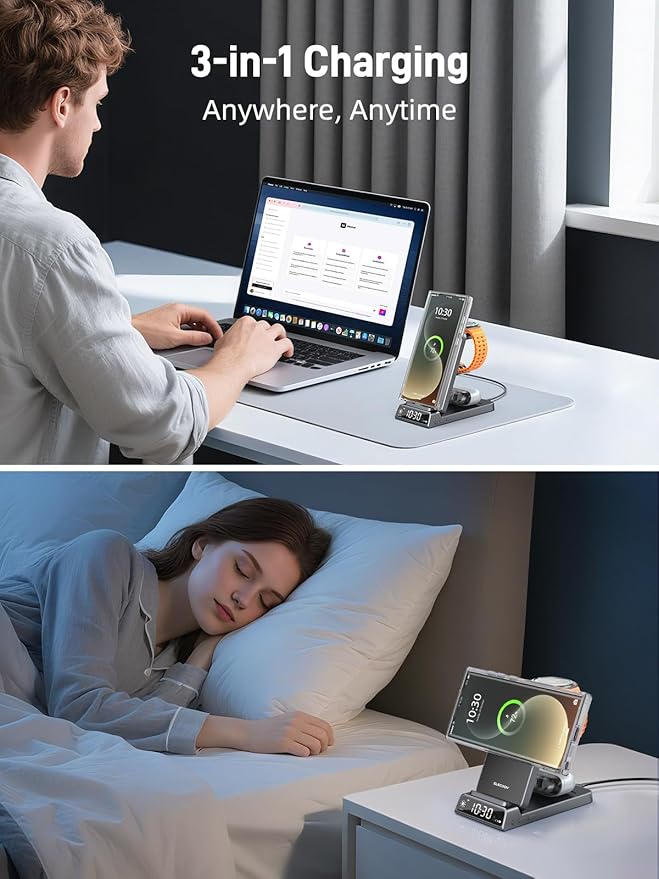 Magnetic Wireless Charger for Samsung, 3 in 1 Android Charging Station for Samsung Galaxy Z Fold/Flip 7/S25 Ultra/S24 Ultra, Foldable Charger for Samsung Galaxy Watch Ultra/8/7/Galaxy Buds 3 (Gray)