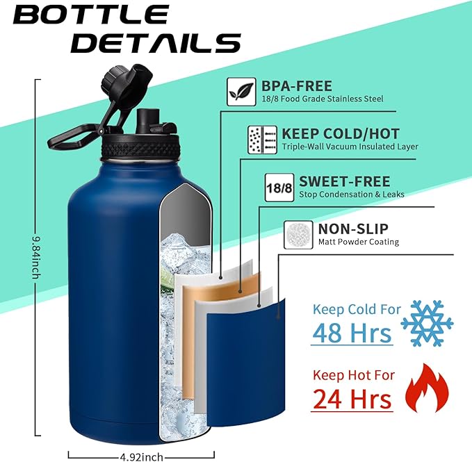 64OZ Insulated Water-Bottles with Straw - Spout Lid, Stainless Steel Metal Water Jug Keep Cold 48h/Hot 24h, Half Gallon Water Bottle w/Paracord Handle & Carry Sleeve Strap for Hiking Camping Sport