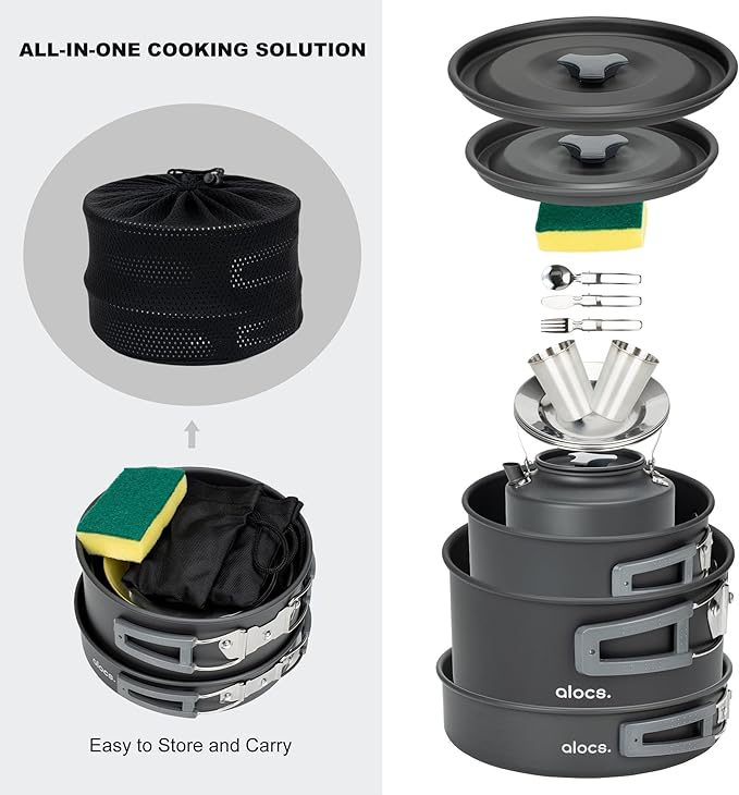 Alocs 17pcs Camping Cookware Set - Lightweight Camping Cookware Mess Kit for 2 - Portable Outdoor Cookware with Kettle - Camping Pots and Pans Set with Stainless Steel Cups Plates Forks Knives Spoons