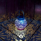 Outdoor Solar Hanging Lantern Lights Metal LED Decorative Lamp for Garden Patio Courtyard Lawn and Table with Hollowed-Out Design (Royal Purple)