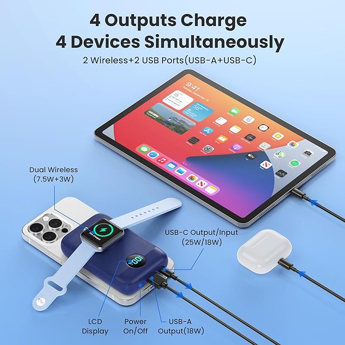 Magnetic Portable Charger for iPhone,10800mAh 4-in-1 Power Bank with iWatch Charger,25W PD Fast Charging Battery Pack for Magsafe,iPhone 17/16/15/14/13/12 Series,Apple Watch,Travel Essential,Blue