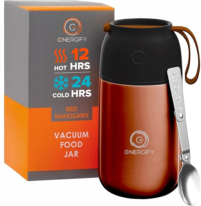 ENERGIFY Vacuum Insulated Food Jar. Large 24oz Bowl incl. Folding Spoon, Cup. Wide Mouth Keep Hot & Cold Drinks Soup Lunch Container for Adults. BPA-Free Stainless Steel, Leak Proof Red Mahogany