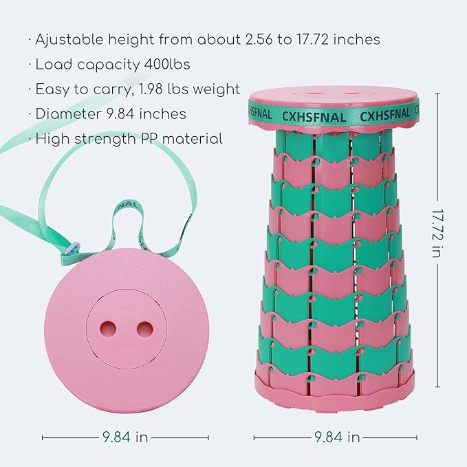 Upgraded Portable Foldable Stool,Folding Camp Stool,Lightweight Sturdy 400lbs Load Capacity Collapsible seat Height Adjustable for Fishing Hiking Picnic Hunting Party BBQ Indoor (Pink Green)