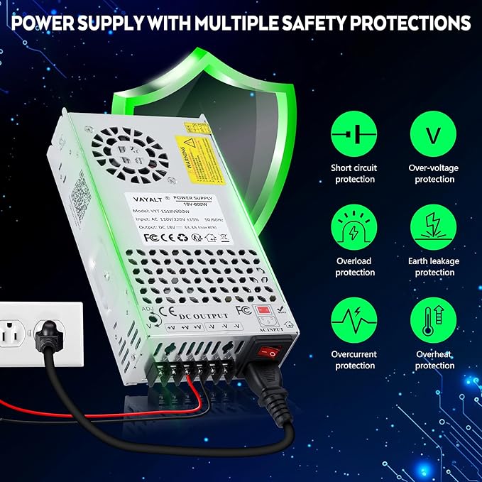 VAYALT DC 18V 33.3A 600W Switching Power Supply, 110V/220 V Power Supply AC to DC Converter, Universal Regulated Switching,18V Power Supply for CCTV Camera System,3D Printer,Led Strip,Computer Project