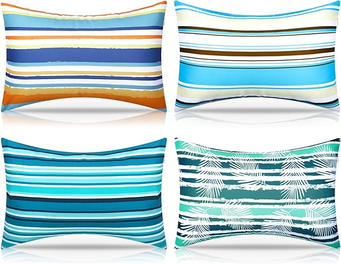 4 Pcs Inflatable Beach Pillow Portable Blow up Travel Camping Pillows with Covers for Hawaii Summer Pool Travel Vacations (Horizontal Stripes)