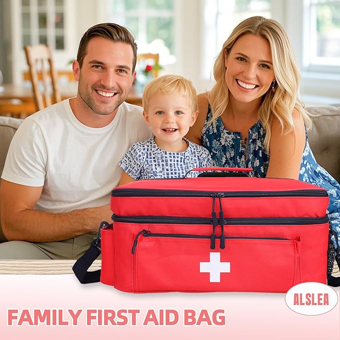 First Aid Bag Empty Large Medical Bag with Shoulder Strap 16”x 9½” x 7” Medicine Organizer Box Travel First Aid kit Emergency Supplies Storage Bag for Car, Home, Office, Outdoor (Red)