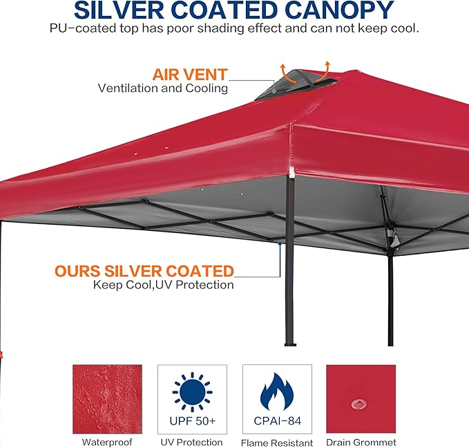 10'x10' Pop Up Canopy Tent with 1 Sidewall and 6 Pockets, One Push Setup, Instant Shade Tent with Vented Roof for Beach Patio Outdoor, Case, 8 Stakes, 4 Ropes, 4 Sandbags (Red, 10x10)