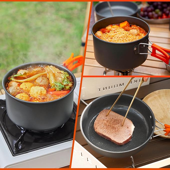 Gutsdoor Camping Cookware Set Camping Gear Campfire Utensils Non-Stick Cooking Equipment Lightweight Stackable Pot Pan Bowls with Storage Bag for Outdoor Hiking