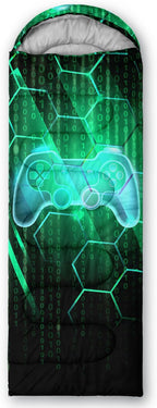 Axolotl Gamepad Sleeping Bag,3 Season Warm and Cool Weather Game Console Sleeping Bag for Boys Teens,Waterproof Lightweight Geometry Hexagonal Sleeping Bag for Traveling,Outdoors Camping,Blue,Black