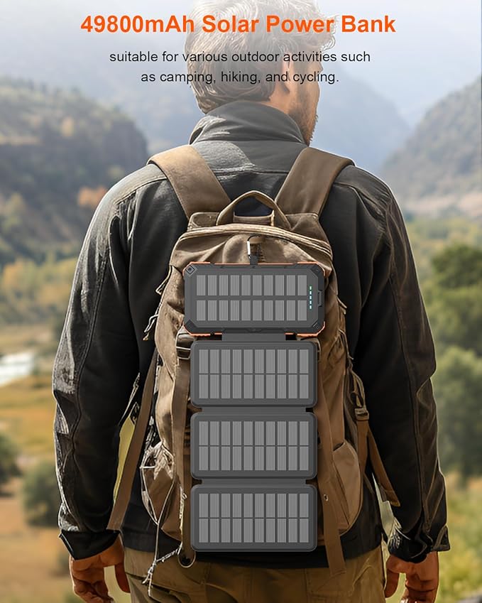 Solar Charger Power Bank 49800mAh with 4 Built-in Cables & 4 Foldable Panels, 22.5W Fast Portable Phone Charger, External Battery Pack with USB-C in/Output & Flashlight for Outdoor Camping