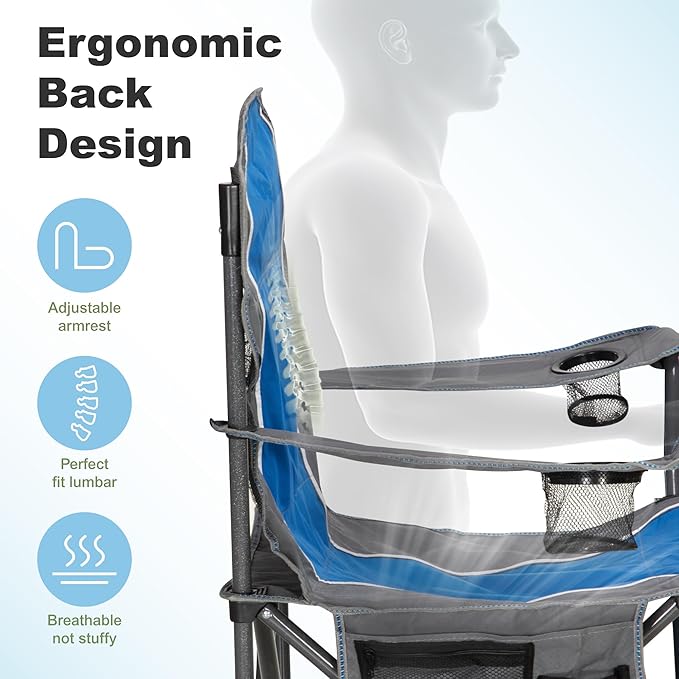 LET'S CAMP Oversized Outdoor Folding Camping Chair, 2 Pack Heavy Duty Arm Chairs with Cup Holder and Storage Bag, 350 LBS Weight Capacity, Blue