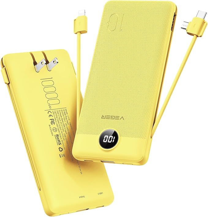VEGER Portable Charger with Built-in AC Plug and Cables, All in One 10000mAh Ultra-Slim Power Bank, 15W Fast Charging for iPhone, Samsung, Android, Travel Essential (Yellow)