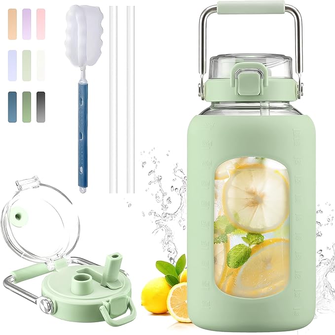 BLUEGO 84oz Water Bottle Glass with Stainless Steel Handle Large 2.5l Water Bottle with Time Markers and Silicone Sleeve Half Gallon Water Jug BPA Free for Gym Daily Use, Light Green