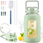 BLUEGO 84oz Water Bottle Glass with Stainless Steel Handle Large 2.5l Water Bottle with Time Markers and Silicone Sleeve Half Gallon Water Jug BPA Free for Gym Daily Use, Light Green