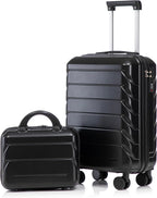 Kids Luggage Sets for Girls, 2 Piece Luggage Set, 20 Inch Rotating Wheel Suitcase with 14 Inch Cosmetic Case, Lightweight Hardshell Suitcase with 360° Spinner Wheels for Travel (Black)