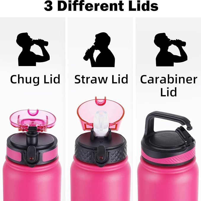Oldley Insulated Water Bottle 32oz Water Bottles with Straw, Stainless Steel Water Bottle with 3 Lids, Double Wall Vacuum Bottles for Adult, Leak-proof Sports Bottles for School Travel, Rose Red-Green