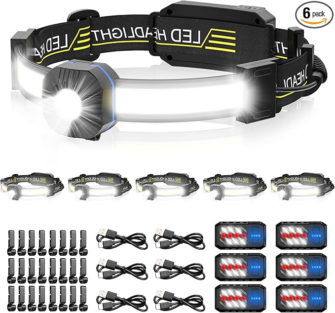 LED Headlamp, 1000lumens 230° Widebeam Headlight, USB Rechargeable HeadLamp with Red Taillight, Lightweight Waterproof Headband Light for Camping Running Hiking, Hard Hat Headlamp 6Packs