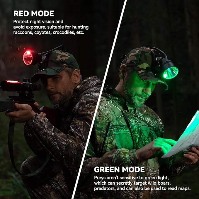 10W LED Coyote Hog Coon Hunting Lights, Rechargeable Hunter Headlamp, Waterproof 60000LUX Super Bright LED Predator Hunter Head Light & 3 Colors (White Red Green), 7 Position Switch