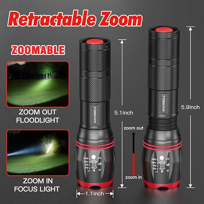 HAUSBELL LED Flashlight 2000 High Lumens, Bright Flash Light with Battery, Zoomable & Waterproof Tactical Flashlights for Home, Emergency, Hiking, Handheld Flashlight for Camping Essentials, 2 Pack