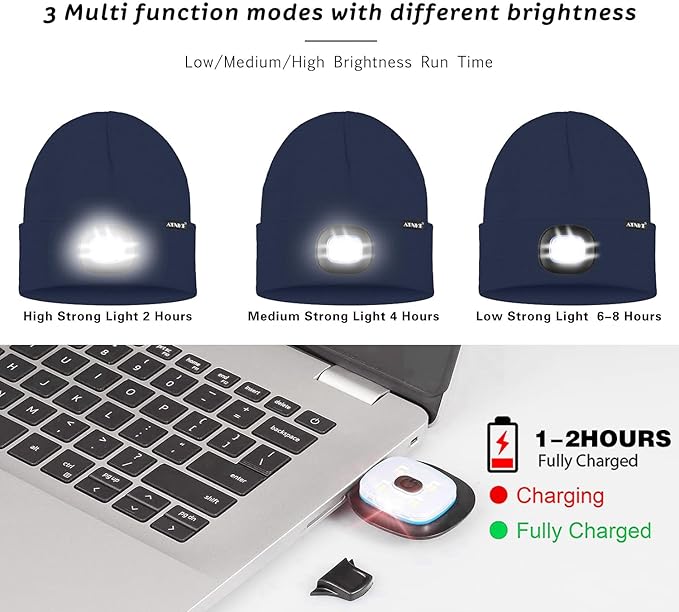ATNKE LED Lighted Beanie Hat,USB Rechargeable 4 LED Running Headlamp Bright Cap with The Light Gifts for Men and Women