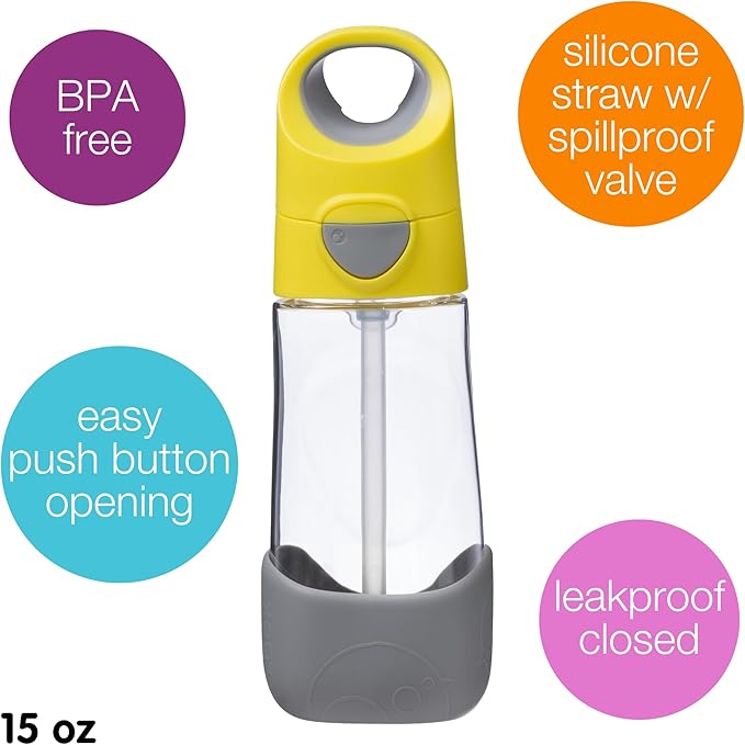 b.box Kids Water Bottle – Tritan Toddler Drink Bottle with Straw for School, Daycare, Travel w/Easy-Grip Triangular Design, Leak Proof Lid & Handle, BPA Free, Dishwasher Safe (Lemon Sherbet)
