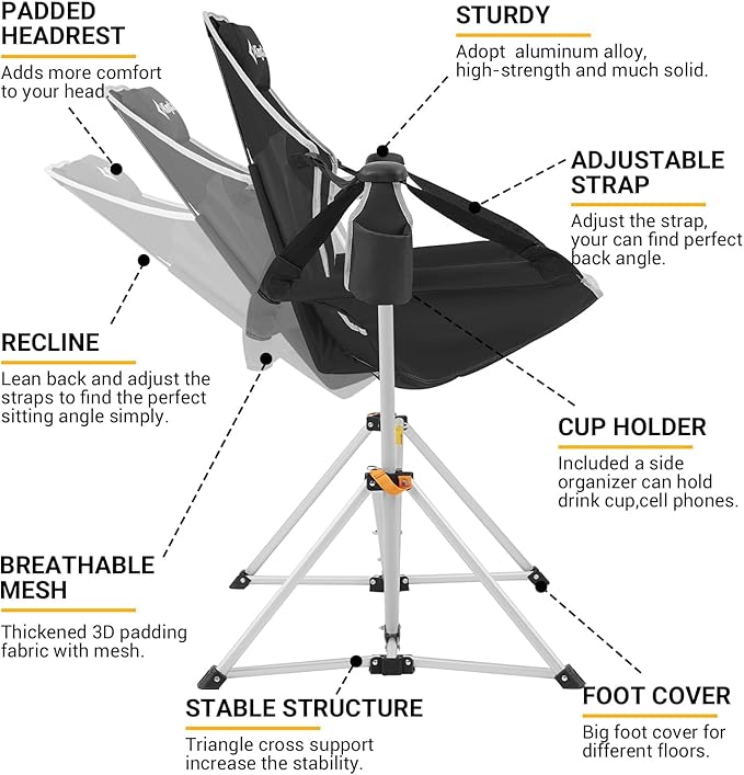 KingCamp Hammock Chair with Footrest, Swinging Portable Folding Camping Chairs for Adults MAX 440lbs Heavy Duty Foldable Oversized Rocker with Cup Holder Pillow for Outdoor Beach Patio Sport Lawn