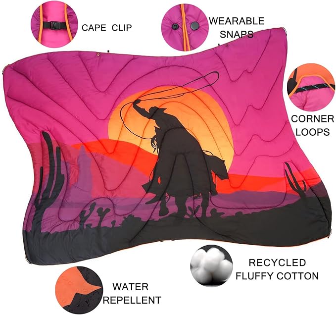 Camping Blanket, Puffy Waterproof Travel Blanket, Warm Cozy Picnic Blanket, for Outdoors, Travel, and Mountain.(West Cowboy, 78" x 56")