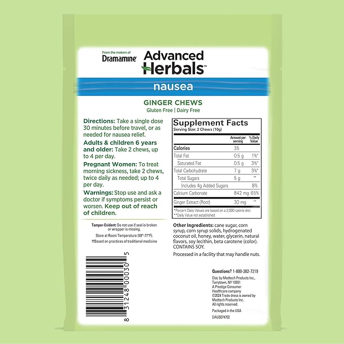 from The Makers of Dramamine, Advanced Herbals, Ginger Chews, Nausea Relief Soft Chews Lemon-Honey-Ginger, 40 Count