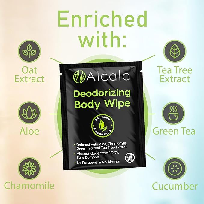 Alcala Deodorizing Body Wipes Individual Shower Wipes 100% Pure Biodegradable Bamboo Wet Wipes with Aloe Tea Tree Adult Body Wipes for Women & Men Ideal for Camping Hiking, Hospitals & Gym (330 Pack)