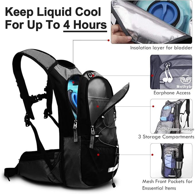 Insulated Hydration Backpack Pack with 3L BPA Free Leak Proof Water Bladder, Large Storage Lightweight Hiking Daypack with Waist Pouches & Cooler Layer, for Running, Biking, Camping, Festival