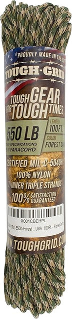 TOUGH-GRID 550 Paracord Rope Nylon Parachute Cord, Made in USA Survival Kit, Outdoor Adventures, Camping, Tactical Gear & Emergency Supplies, Military Type III Mil-Spec